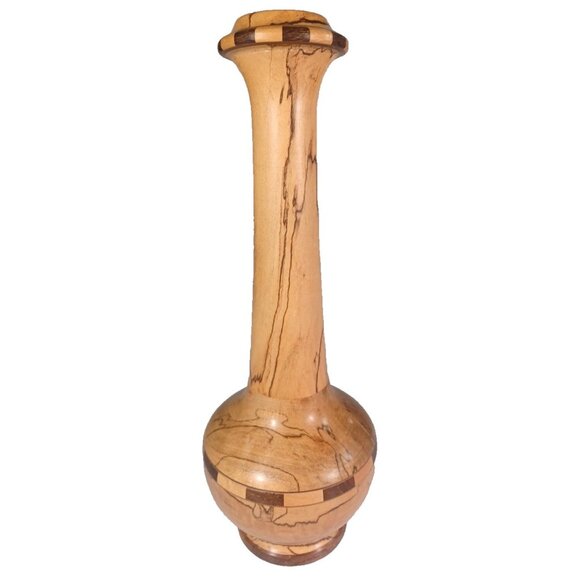 Vintage 10.5" Turned Spalted Beech & Segmented Maple Marquetry Bud Vase Signed - Picture 2 of 11